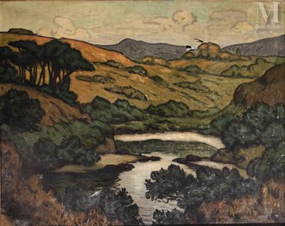 a painting of a landscape with a river in the foreground