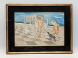 painting of three nudes and a dog on a checkered floor