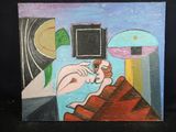 un tableau représentant une femme assise sur un toit