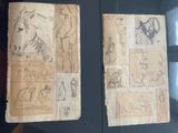 two pages of old paper with drawings of people and animals on them