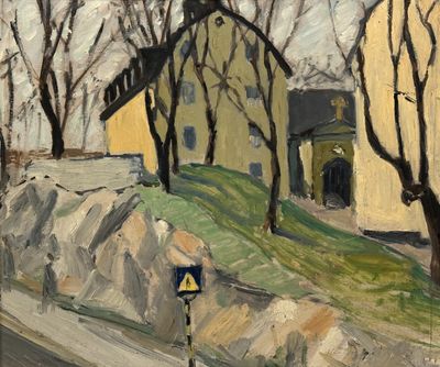 a painting of a yellow house on the side of the road