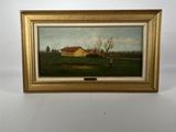 a painting of a farm scene with a house in the distance