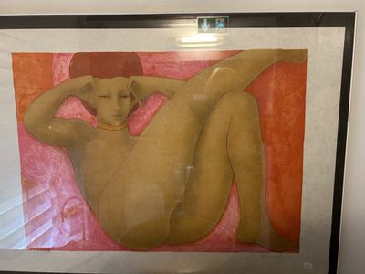 Alain BONNEFOIT. Femme nue. Gravure en couleur.