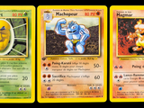 three pokemon cards are shown in a row on a black background