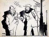 drawing of two men talking to each other on a street corner