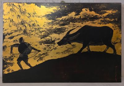 un tableau représentant un homme marchant avec un taureau sur une colline
