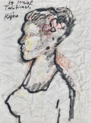 dessin représentant une femme en robe noire avec une fleur rose dans les cheveux