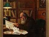 tableau représentant un vieil homme en train de lire un livre dans une bibliothèque