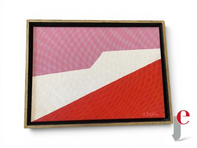 tableau abstrait aux couleurs rouge, blanc et bleu, dans un cadre en bois