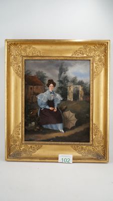 painting of a woman in a blue dress sitting on a bench