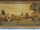an image of a picture of a painting of a church in a field