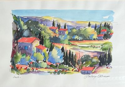 une aquarelle représentant un paysage avec des maisons et des arbres