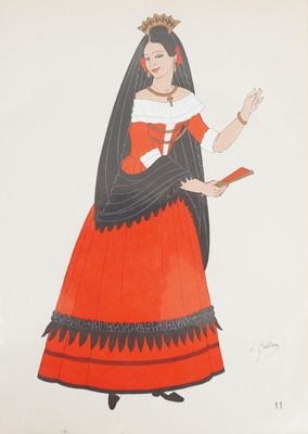 une illustration représentant une femme en robe rouge, coiffée d'une couronne