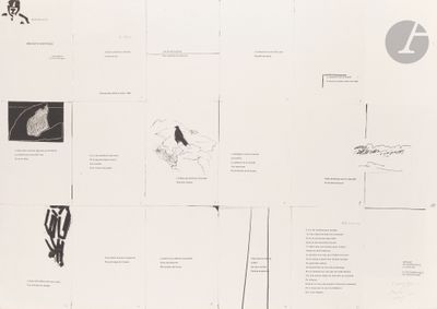 a black and white photo of a bunch of drawings on a wall