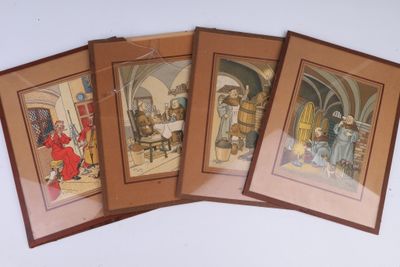 three framed pictures of a group of people in a room
