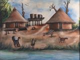 tableau représentant un village avec des personnages et des animaux au bord de l'eau