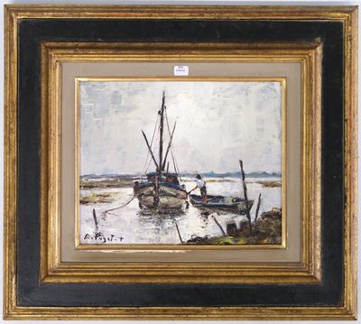 une peinture représentant un bateau sur un plan d'eau près d'une rive