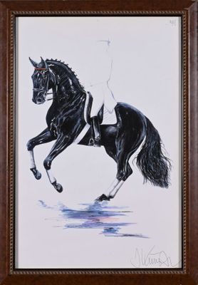 tableau représentant un cheval noir galopant dans l'eau, sur fond blanc
