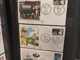 a lot of stamps on the back of a refrigerator