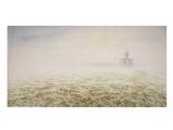 un tableau représentant un moulin à vent dans un champ brumeux, par une journée brumeuse