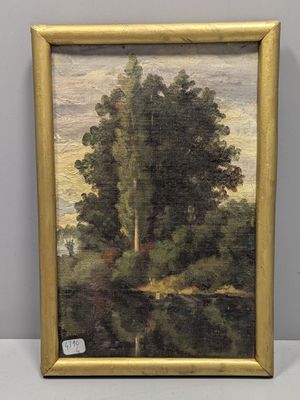 une peinture à l'huile représentant un paysage avec des arbres et une rivière