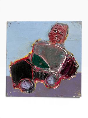 a painting of a man driving a toy car