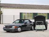a car parked in front of a building with a tent on top of it