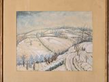 painting of a snowy landscape in a frame on a shelf