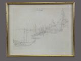 a drawing of a boat in a harbor with buildings in the background
