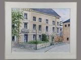 tableau représentant un bâtiment avec un portail et un arbre devant