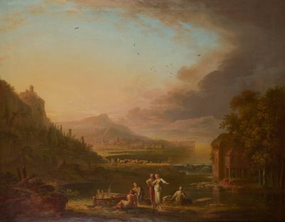 tableau représentant un tableau où l'on voit des personnages dans un paysage avec un château en arrière-plan