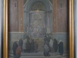painting of a group of people sitting on steps in front of a church