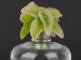 a glass vase with a green flower inside of it