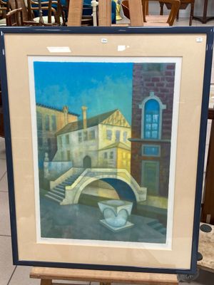 peinture d'un pont sur une rivière avec un bâtiment en arrière-plan