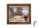 framed oil painting of a winter landscape with trees in a field