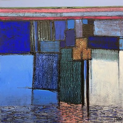 peinture abstraite représentant un bâtiment bleu et rouge au toit rouge