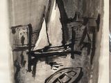 a drawing of a sailboat on the water with a building in the background