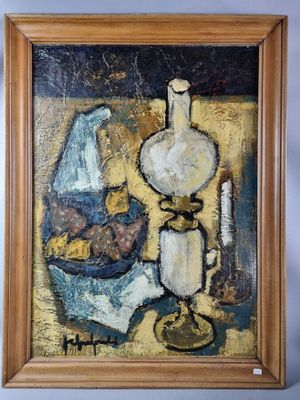 an oil painting of a vase and a bowl of fruit on a table