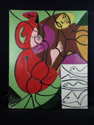 un tableau représentant une femme portant un homme à cheval