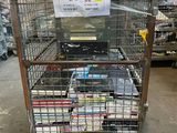 a cart full of books in a store with a sign on it
