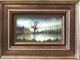 an oil painting of a river scene with a house in the background