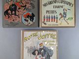 three books on a wall with a picture of a man riding a horse and a woman riding a horse