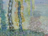 an oil painting of two trees in the foreground with a lake in the background