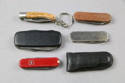 four different types of swiss army knives and a keychain