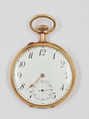 gros plan d'une montre de poche en or sur une surface blanche