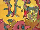 painting of a group of people standing in front of a yellow background