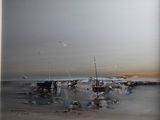 un tableau représentant des bateaux sur la plage, dans l'eau