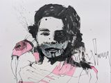 tableau représentant une femme tenant un bébé dans ses bras, avec un oiseau posé sur son épaule