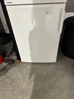 a white refrigerator and a black trash can in a room