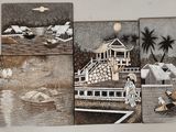 quatre tableaux différents représentant une scène de plage accrochés au mur